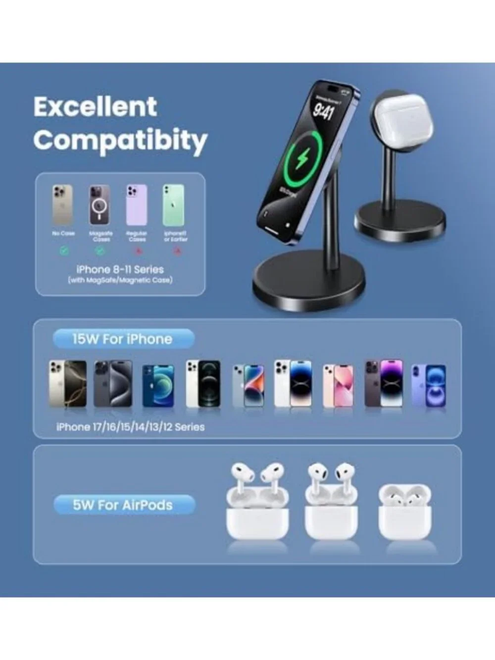 15W Fast Magnetic Wireless Charger Stand for iPhone 17/16/15/14/13 - 2 Pack